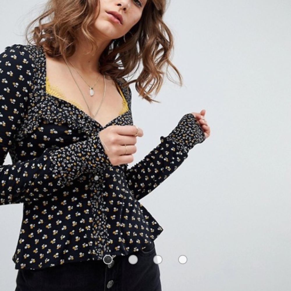 Free People Black Floral Long-Sleeve Peplum Top with Yellow Trim